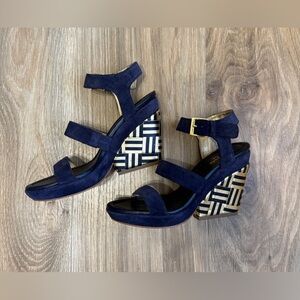 Kate Spade New York Navy Suede Wedge Sandals with Geometric Heel